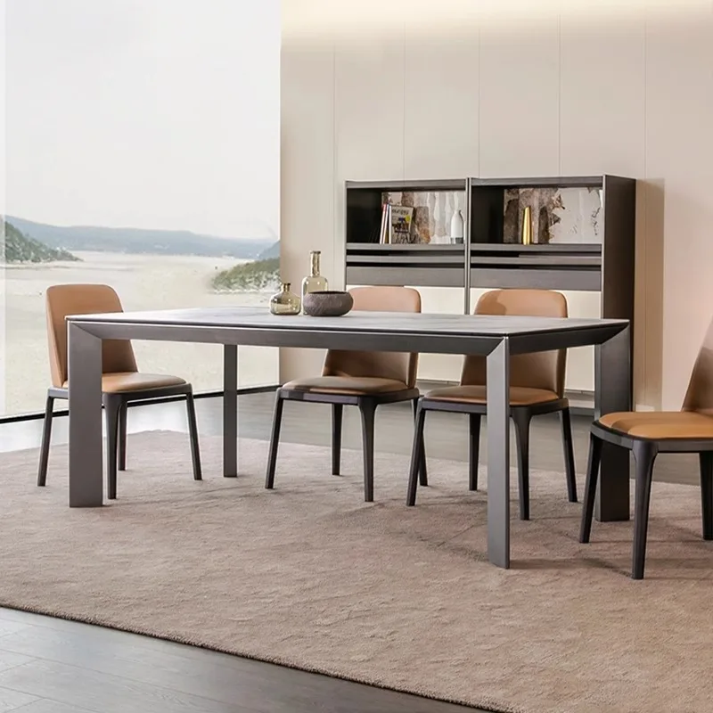 

Stainless steel rock slab dining table Darth Vader Italian minimalist light luxury modern dining table high-end island