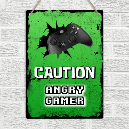 CAUTION ANGRY GAMER Metal Wall Sign Plaque One Controller Gaming Bedroom
