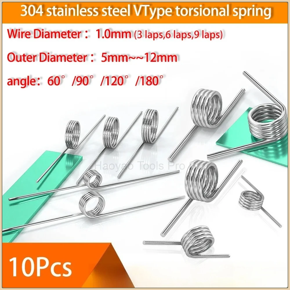 10Pcs 304 Torsional Spring 1.0mm Wire Diameter V Type Spring 5mm - 12mm Outside Diameter 60/90/120/180 Degree Reset Springs