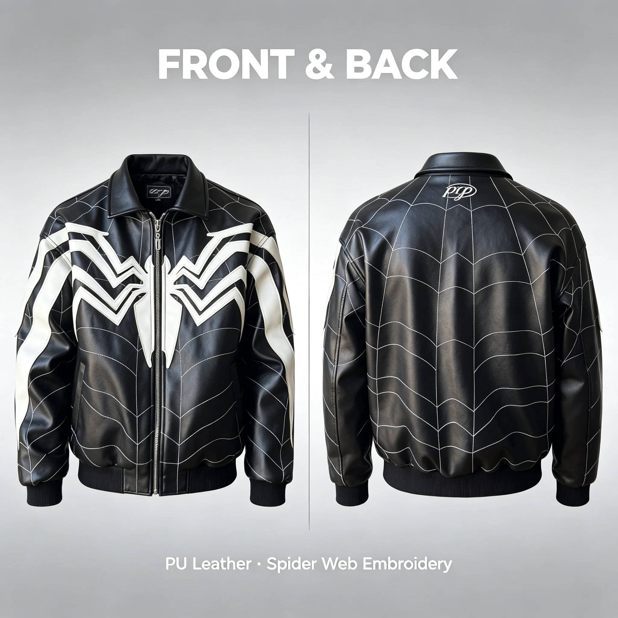 Y2k Men Retro Origin Leather Jacket Gothic Spiderweb Patchwork Embroidery Coat Harajuku Hip Hop Streetwear Unisex Boxy Jacket