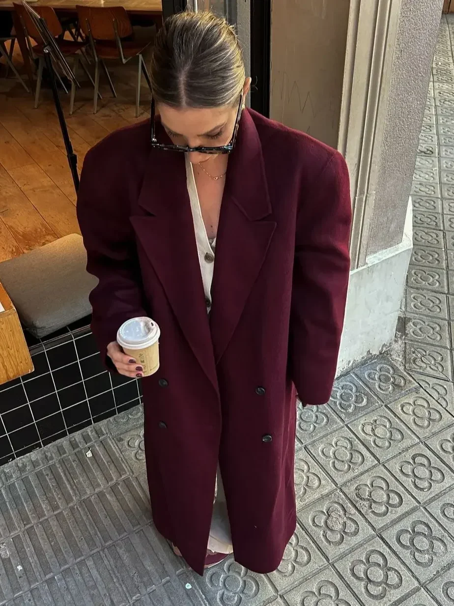 Women Red Wine Burgundy Oversized Lapel Overcoat Elegant Double Breasted Full Sleeve Long Coat Female Commute Casual Outwear