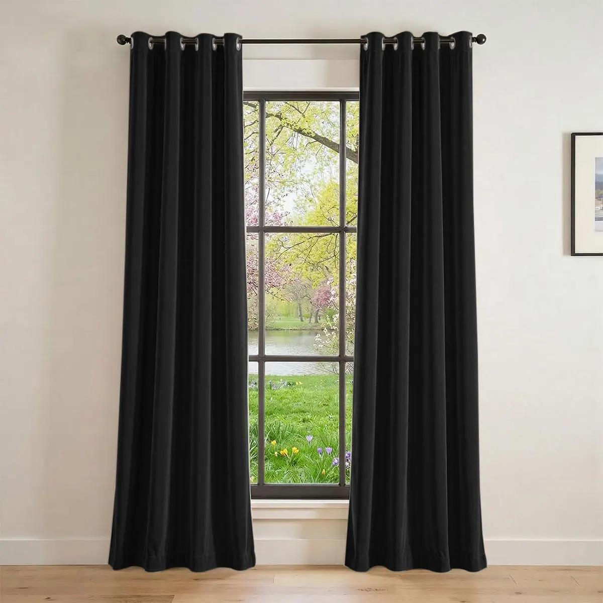 Black Solid Velvet Grommet Curtains Set of 2, Blackout Window Drape, Modern Curtain For Bedroom Living Room