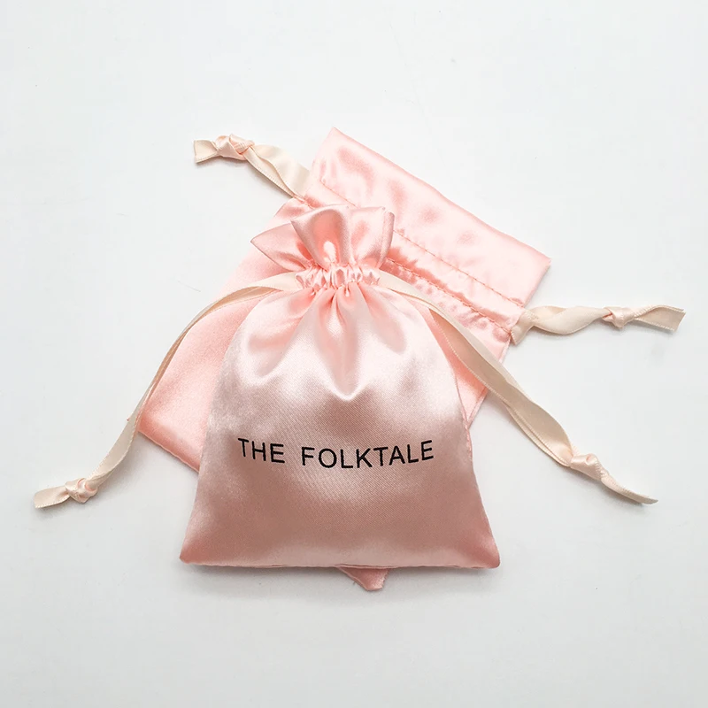 Custom Print Logo Satin Gift Bag Packaging Cosmetic Makeup Jewelry Ring Necklace Silk Drawstring Pouch Party Storage Sachet 50P