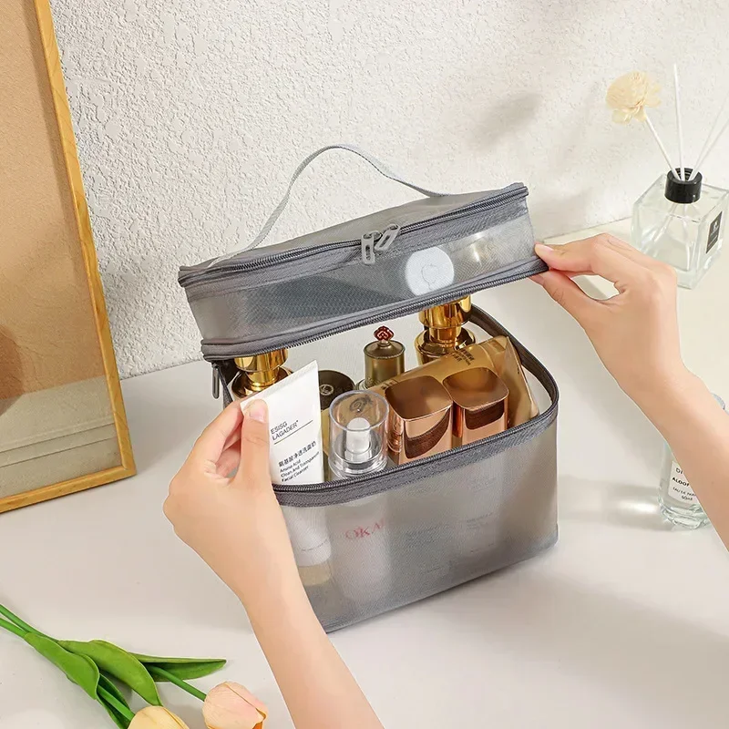 Fashion Transparent Mesh Travel Cosmetic Bag Storage 2 Layer Toiletry Bag Large Capacity Make Up Organizer Bag Women's