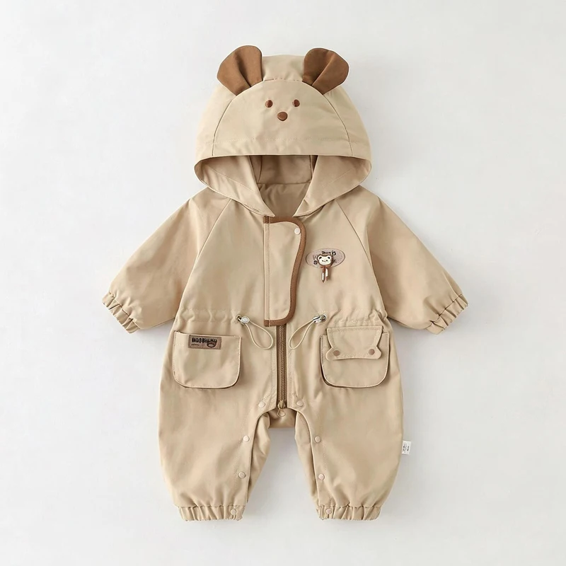 IYEAL Baby Bear Ear Hooded Romper, Zipper Drawstring Long Sleeve Jumpsuit, Cute Cartoon Infant One Piece Outerwear Outfit