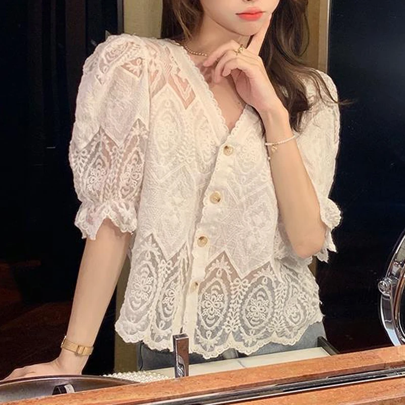 Women Sexy Hollow Lace Sweet Chic Button Up Shirt Female Stylish V Neck Short Sleeve Blouses 2024 Summer Vintage Solid Chic Tops