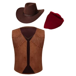 Teen Western Cowboy Cowgirl Costume Open Front Vest with Print Bandanna Hat Set Halloween Carnival Theme Party Cosplay Clothes