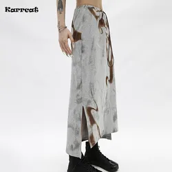 Karrcat Grunge Print Irregular Skirt Japanese Vintage Midi Skirt Harajuku E-girl Slit Design Bandage Long Skirt Gothic Gray Chic