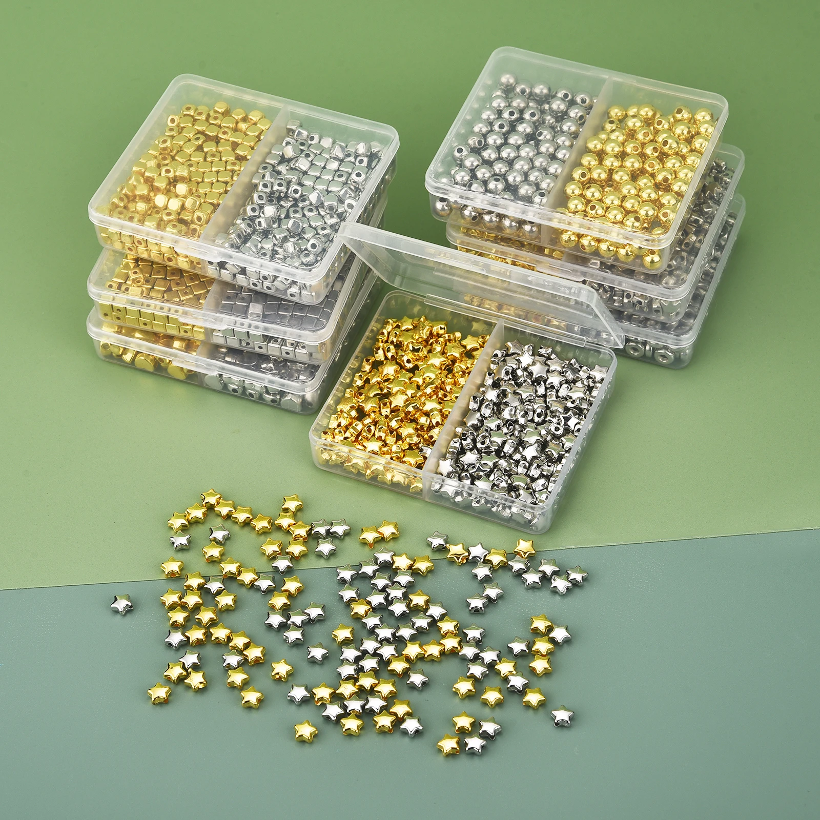 200/400/600pcs Spacer Beads Set Imitation Gold Silver Plated Plastic Beads For Craft Needlework DIY Jewelry Toy Making With Box