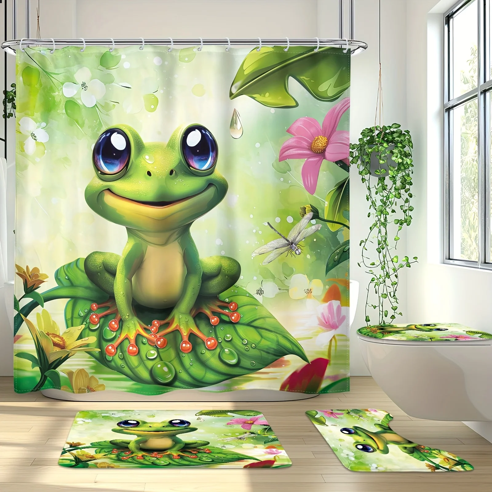 

4 шт. "Очаровательная лягушка, набор занавесок для душа с ковриком для ванной, U-образной накладкой, чехлом на сиденье унитаза - водонепроницаемый полиэстер, декор для ванной комнаты"