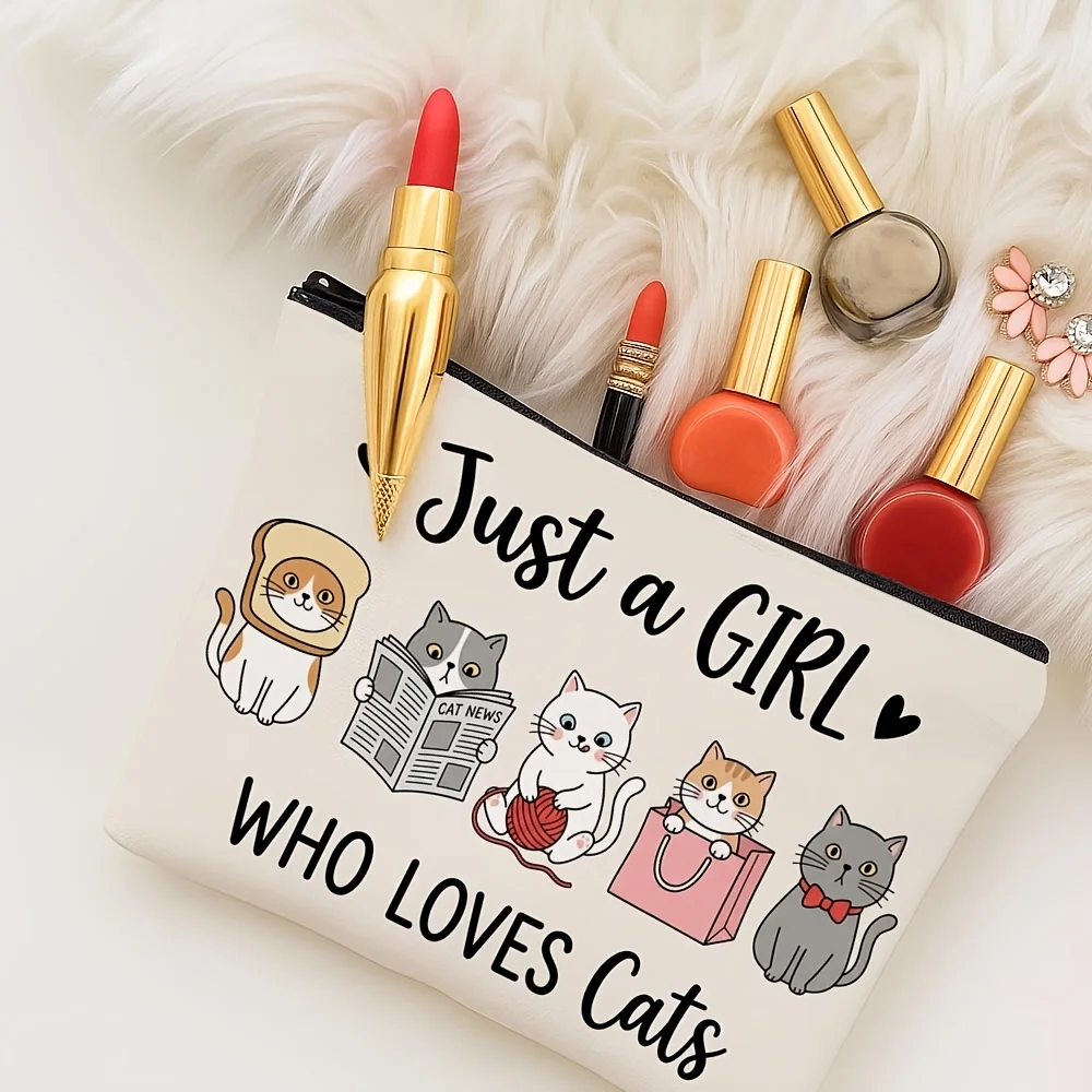 Just A Girl Who Loves Cats Print Pencil Case Cartoon Cat Pattern Zipper Cosmetic Pouch Portable Storage Bag Gift For Cat Lovers