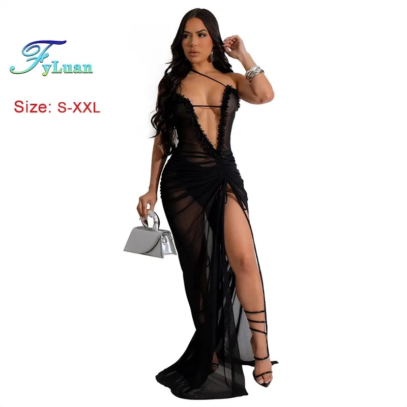 2025 Nieuwe Vrouwen Sexy Avondjurk Effen Kleur Diepe V-hals Zoom Split Lange Jurk Mode See-Through Mouwloze Afslanken dame Jurk