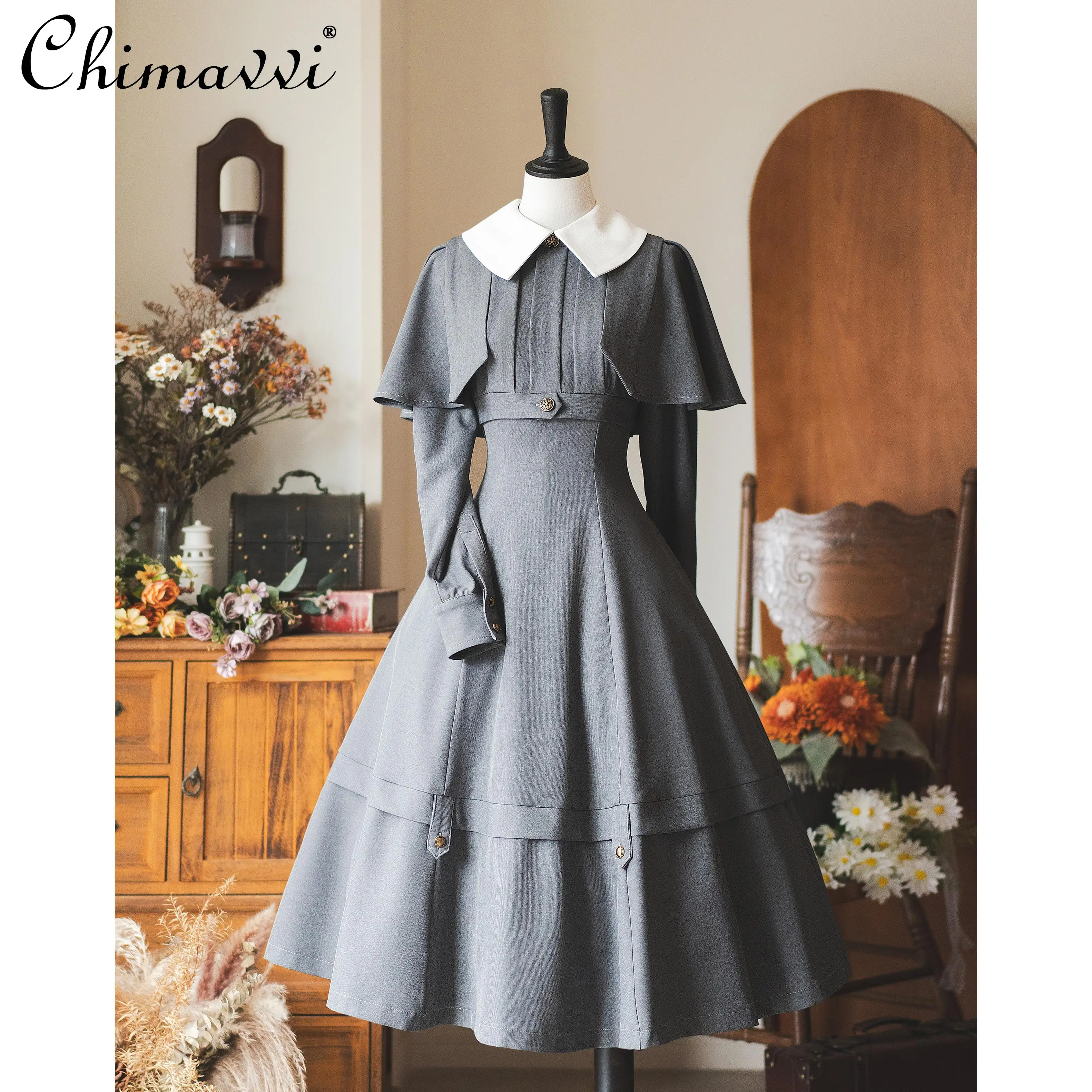 Original Retro Elegant Classical Womens Dress Autumn and Winter Long Sleeve Cape Dress Solid Color Female Slim Long Dresses