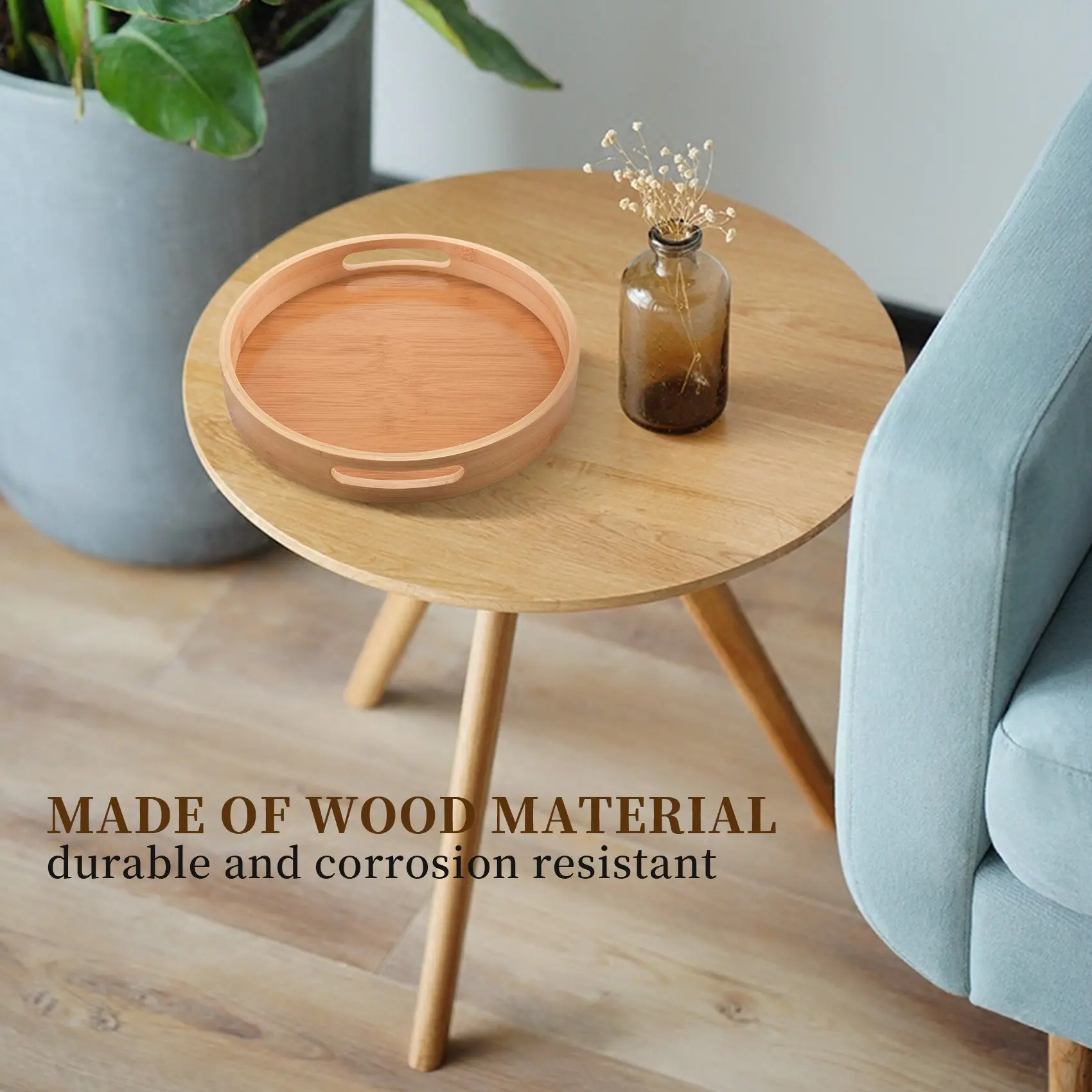 

AEE4-Round Serving Bamboo Wooden Tray For Dinner Trays Tea Bar Breakfast Food Container Handle Storage Tray