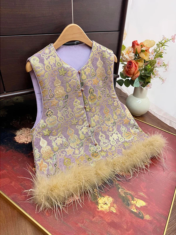 

Осенне-зимняя новинка: Модный китайский хлопковый жилет с перьями для женщин, теплая верхняя одежда, короткая юбка без рукавов, полиэстер.