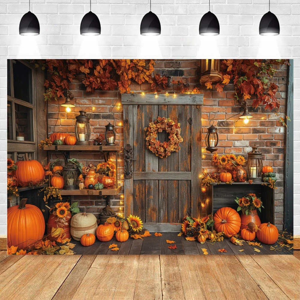 Autumn Pumpkin Barn Door Backdrop Haystack Fall Baby Shower Birthday Party Thanksgiving Day Kids Portrait Photography Background