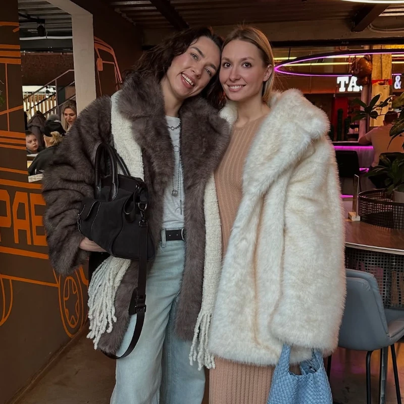 

Куртка из искусственного меха с коротким зубчатым воротником, зимняя коричневая женская меховая куртка, пушистая повседневная свободная роскошная плюшевая куртка из искусственного лисы, теплое толстое