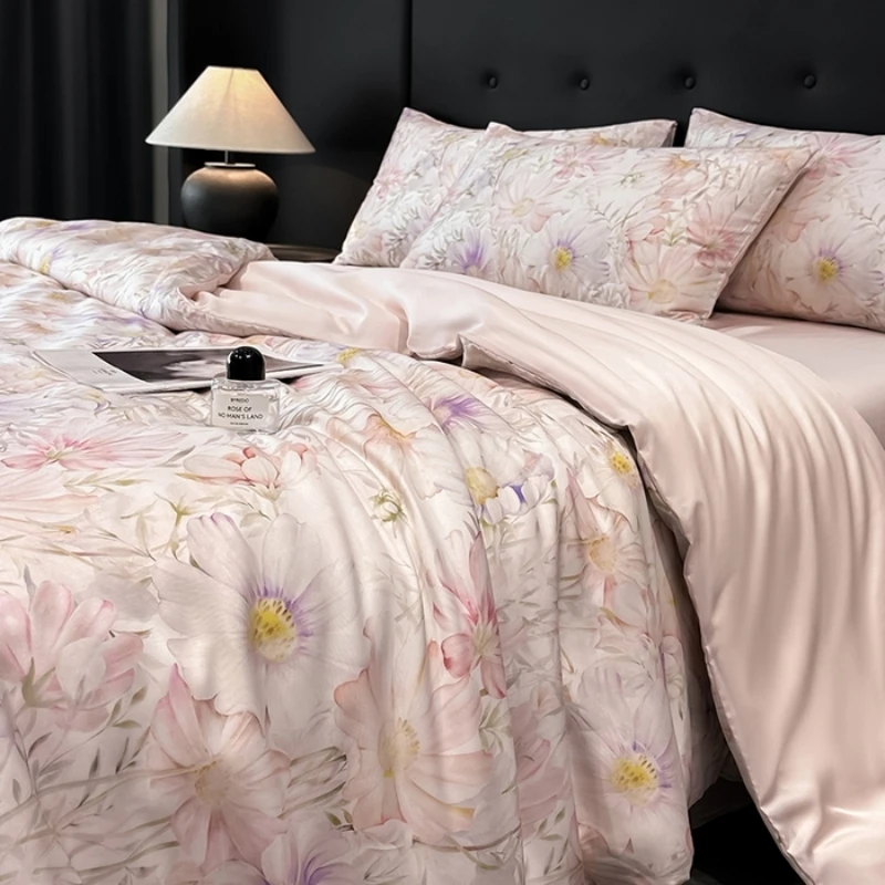 Luxury Organic Bamboo Silky Bedding Set Vintage Flat Bed Sheets Duvet Cover Pillowcases Rural Style Queen King Size Bed Linens