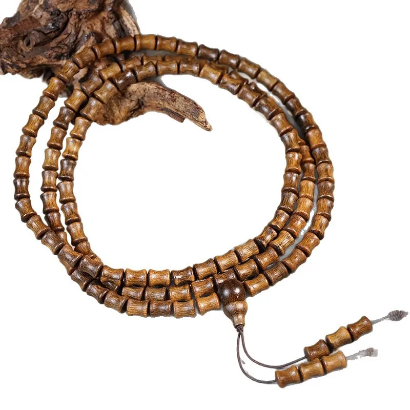 Chinese Lucky Blessing Bamboo Joint 108 Pcs Natural Agarwood Mala Bracelet Vintage Wooden Prayer Beads For Men Women Meditation