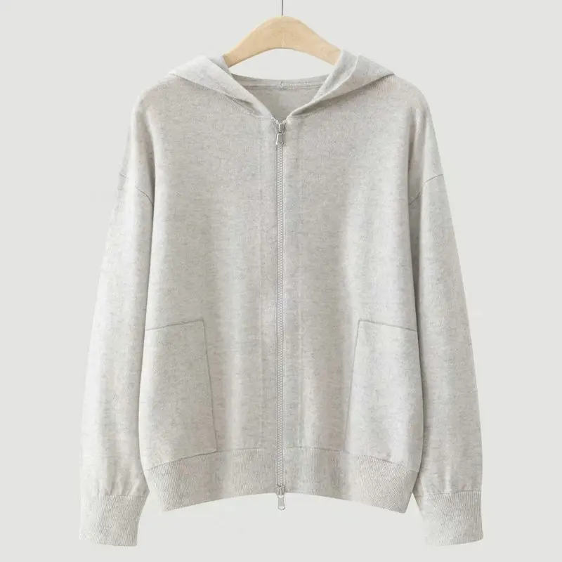 2026Autumn/Winter Women's Cashmere Set: Zip-Up Hooded Knit Jacket & Wide-Leg Trousers