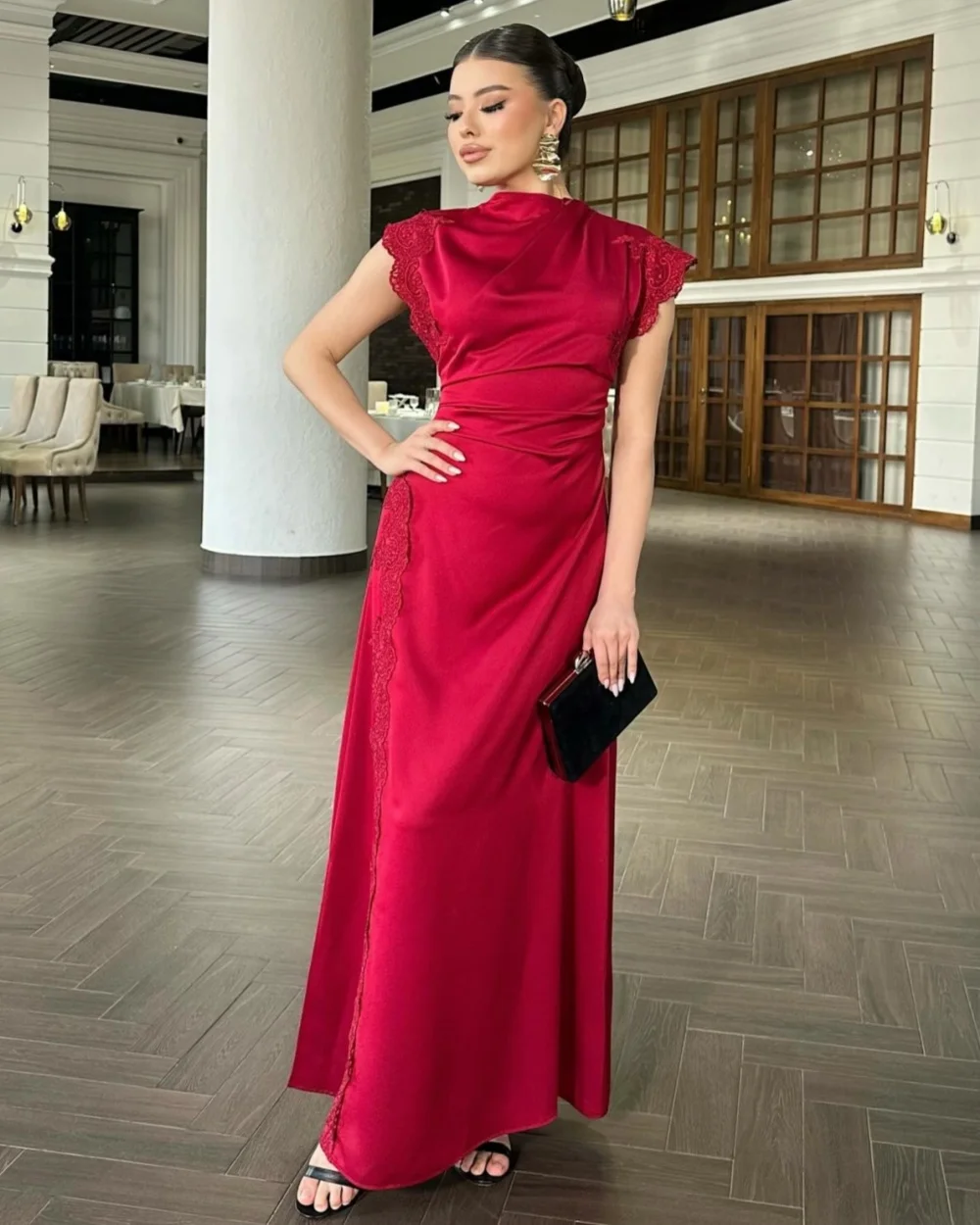 

Customized Classic Simple Jersey Lace Ruched Pleat A-line Evening Dresses Matching O-Neck Sleeveless Floor Lenght Prom Dresses