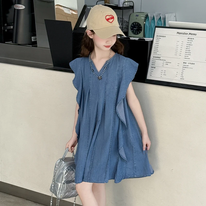 Elegant Blue Kids Summer Strapless Denim Dress with Ruffles for Girls Casual Flounce Dresses in Denim Outfits For Teenager Child