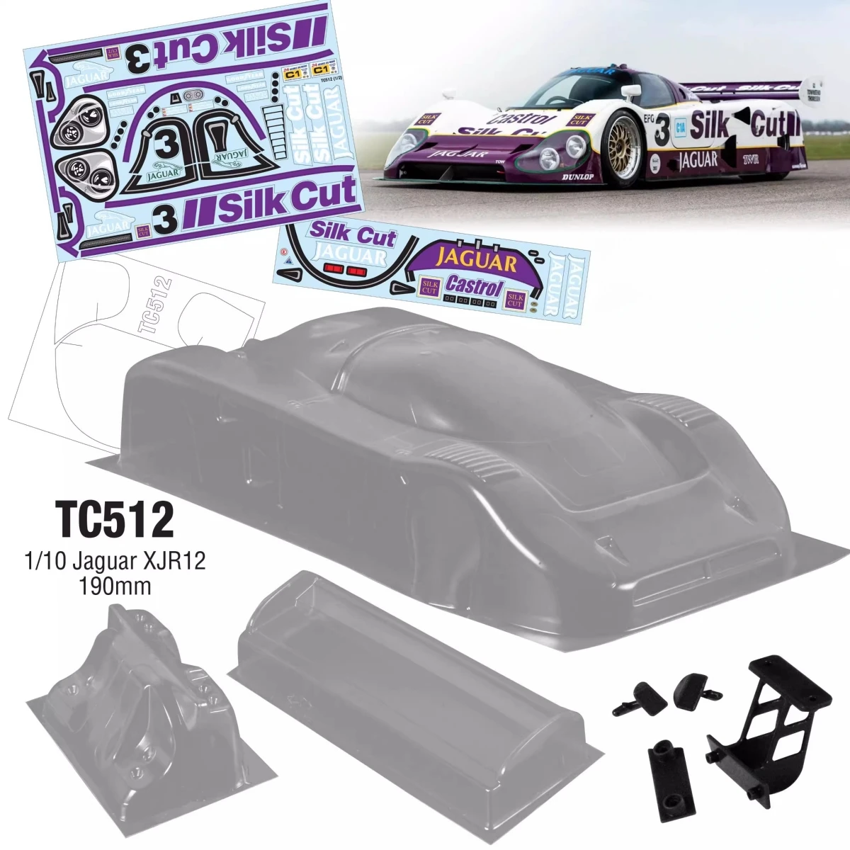 

Масштаб 1:10 Jajuar XJR12 Прозрачный корпус радиоуправляемого кузова шириной (190 мм) для шасси Tamiya TT01 TT02 Kyosho Yokomo Hsp