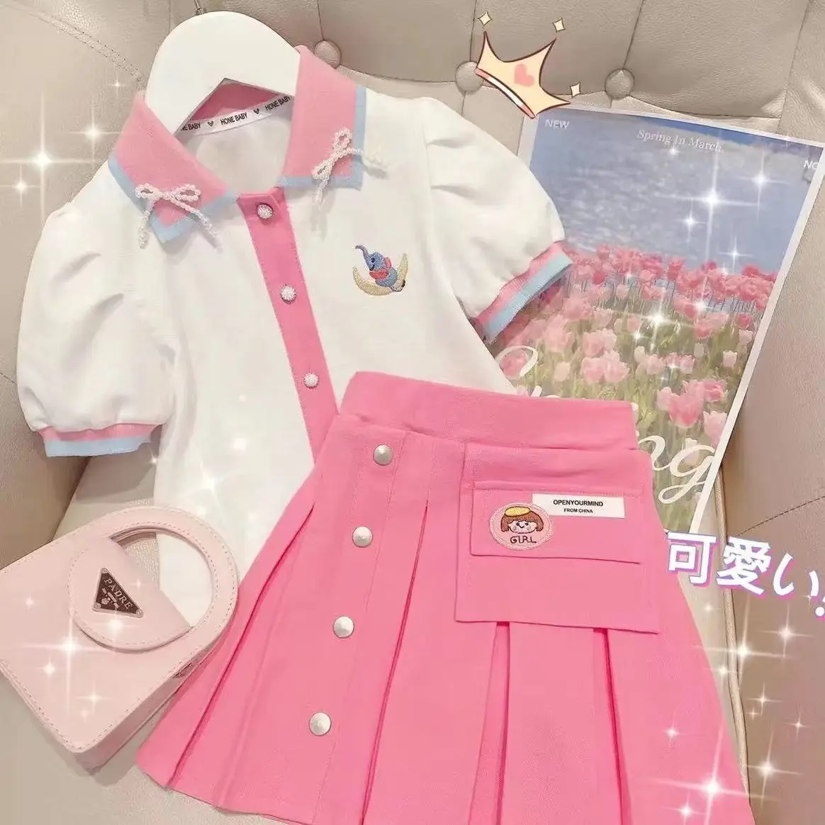 Retail New Baby Girls Korea Summer Sets, Polo T-shirt + Shorts. Fashion suits Girl 4-9 T