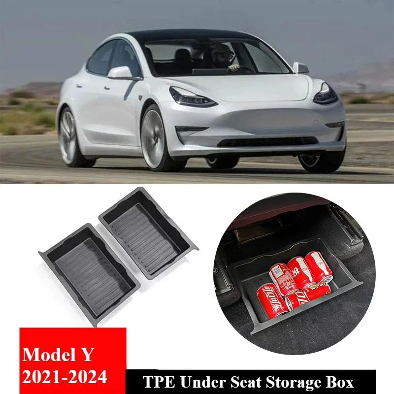 TPE Under Seat Storage Box For Tesla Model Y 2021-2024 Accessories Center Console Organizer Bins Front Backseat Bag Trash Tray