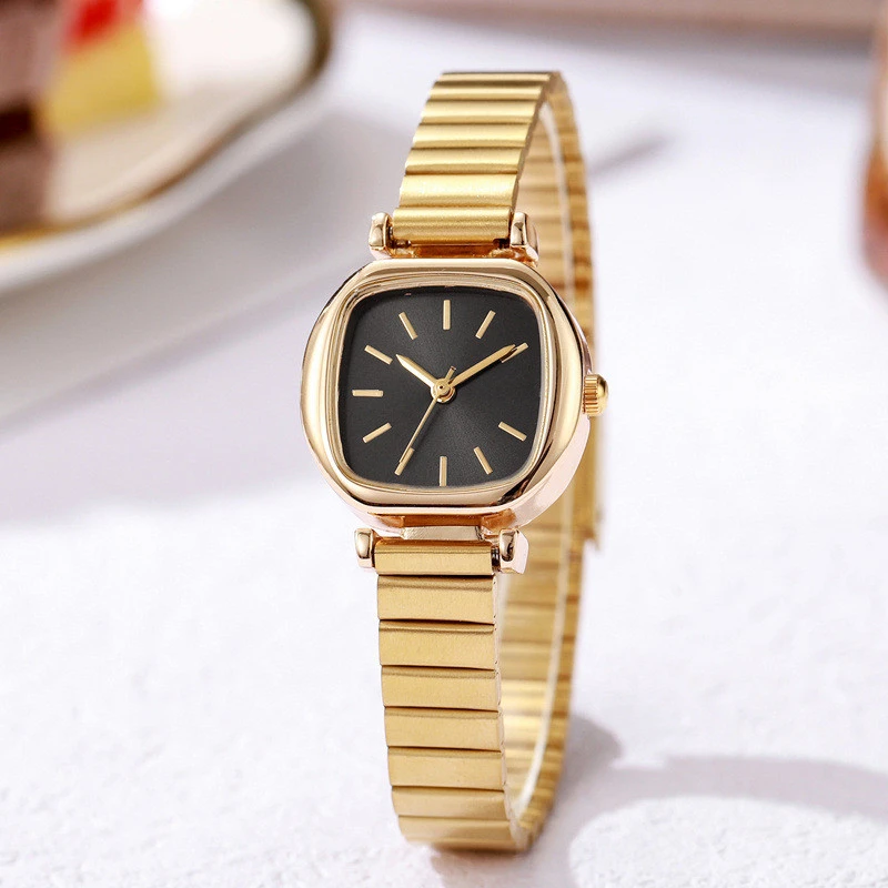 Women Quartz Watch Gold Color Square Dial Simple Adjustable Stainless Steel Strap for Ladies