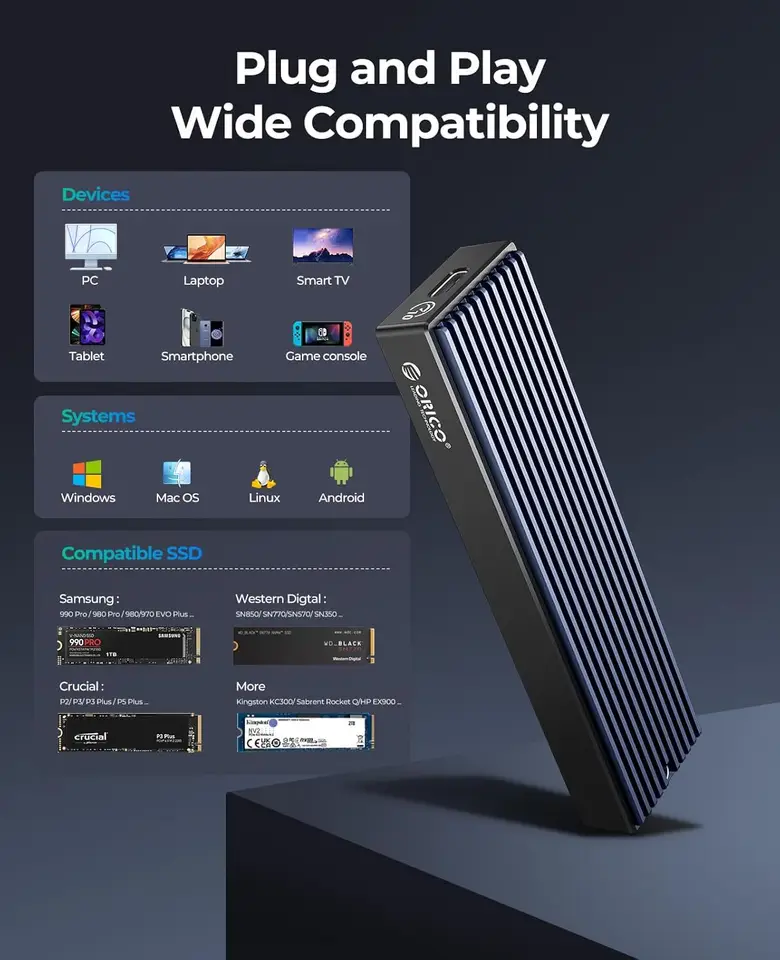 ORICO M.2 NVMe SSD Enclosure, USB 3.1 Gen 2 (10 Gbps) PCIe External Adapter NVMe Case for 2230/2242/2260/2280 M.2 SSD up to 8TB - 5