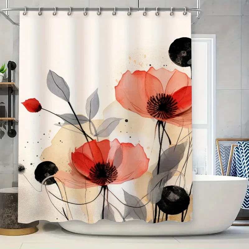 Watercolor-style Poppy Shower Curtain Bold Red Flowers Modern Bathroom Decor for Home Use