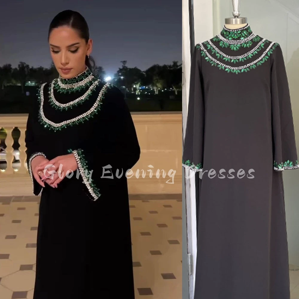 Green Crystal Evening Dress Long Sleeves Beads Elegant Prom Dresses 2023 High Neck Loose Formal Occasion Party Gown Robes De