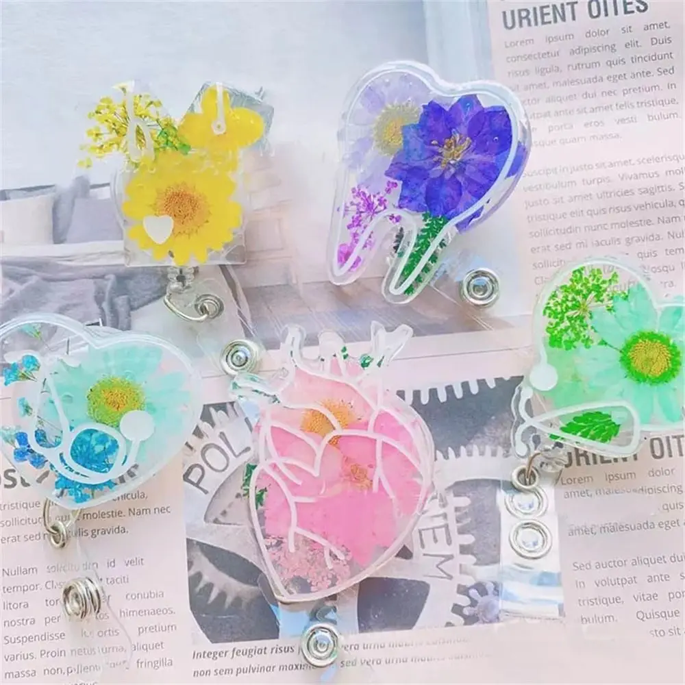 Dried Flower Flower Badge Reel Drops Of Glue True Flowers Easy Pull Buckle Tooth Heart Shape 360 Rotating ID Card Clips