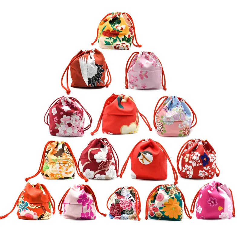 

Japanese Style Bucket Bag Drawstring Pouch Women Kimono Accessory Wristlet Coin Purse Multi-function Small Tote Yukata Gift Bag
