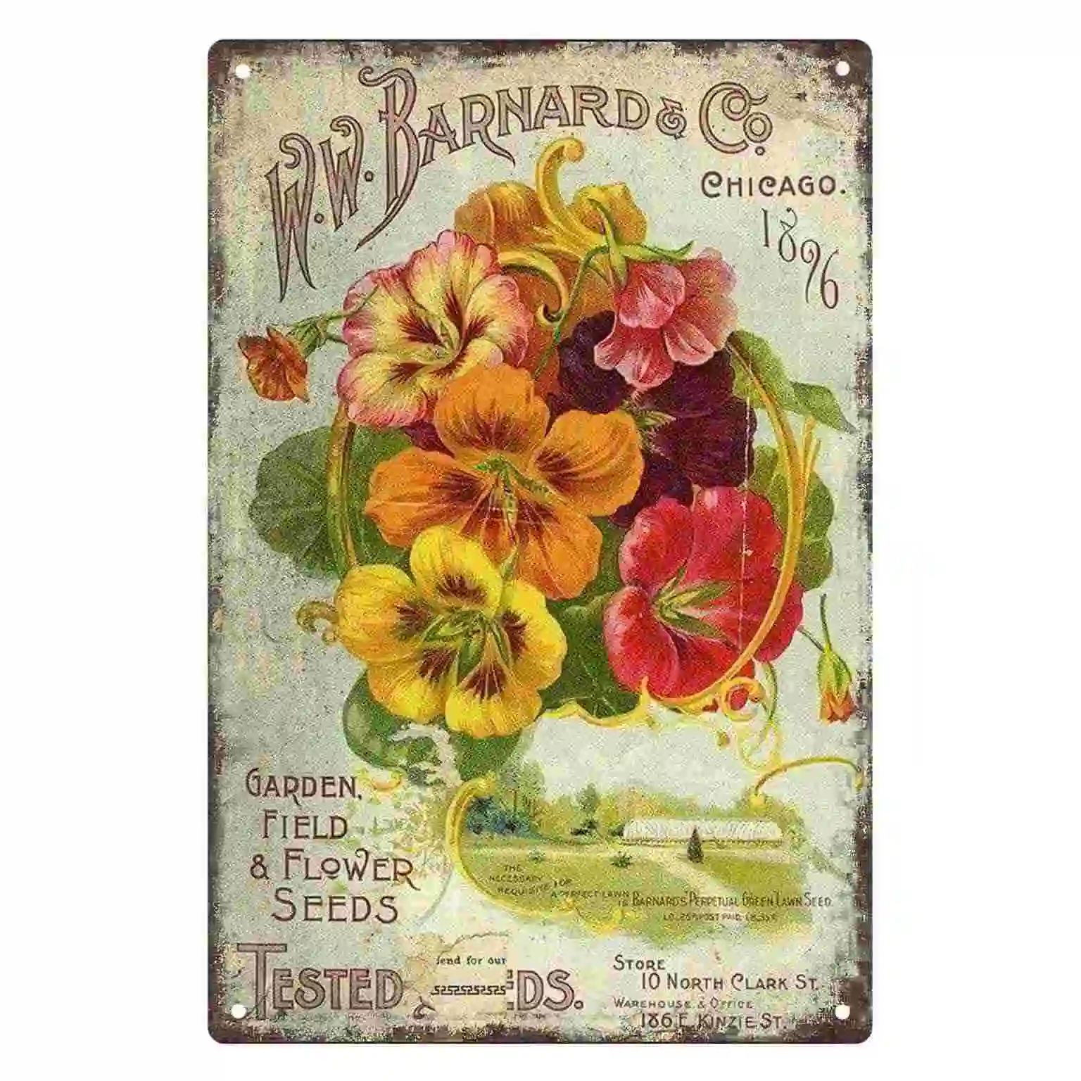 2D FLAT 1pc Vintage W.W. Barnard & Co. Garden Field & Flower Seeds Metal Wall Sign Decoration for Home Cafe Garage Bedroom Porch
