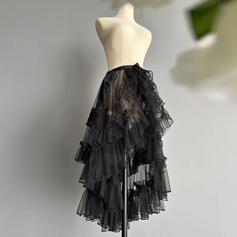 Gothic Lolita Lace Mesh Ruffles Fairy Princess Party Skirt Women Asymmetrical Cute Curtain Sheer Cover Up Thin Long Skirt White