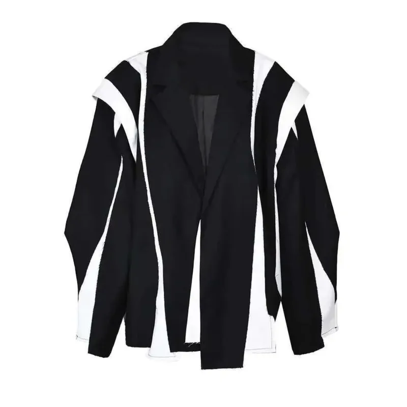 HKSH Spring Autumn New Women's Blazer Color Block Notched Collar Single Button Korean Personality Fashion Elegant Jacket HK14992