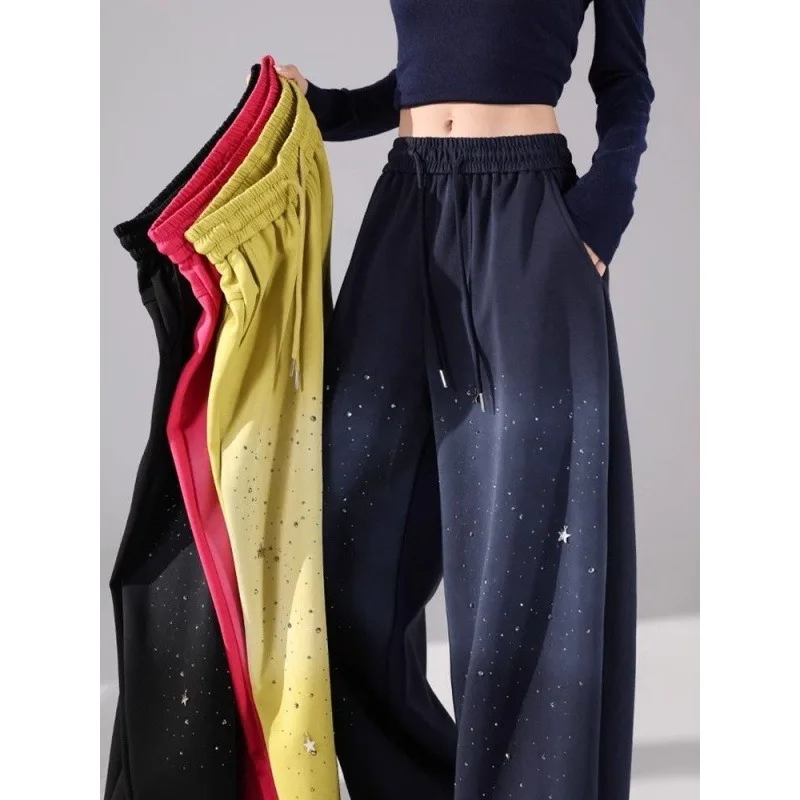 2026 New Hot‑fix Rhinestone Gradient Casual Sports Pants Autumn Winter Korean Fashion Women's High Street Loose Wide Leg Pants