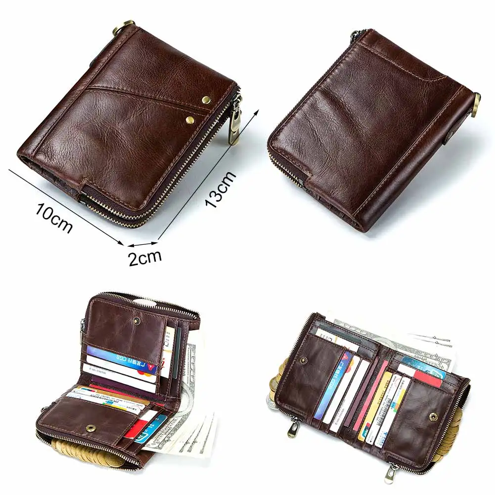 RFID Card Holder Wallet for Men Genuine Leather Small Money Bag Luxury Double Zipper Coin Pocket Quality Male Clutch Carteira