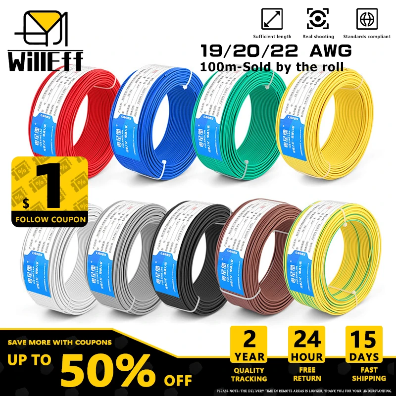 100m/roll 12Colors Home Electrical wires Solid Pure Copper Electric cable Soft Copper wire PVC Copper cable 22awg 20awg 0.3mm2
