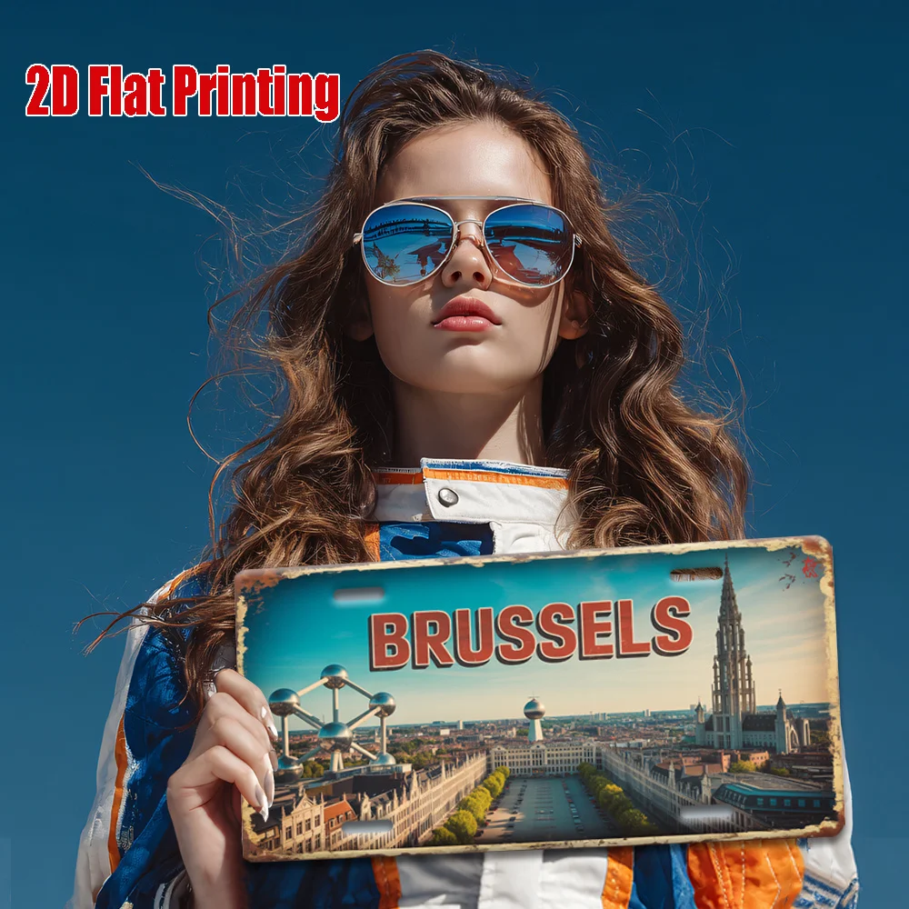 2D Flat, 1pc Brussels Landmark View Metal License Plate, Decorative Signs & Plaques, Aluminum Sign, Perfect for Living Room Wall