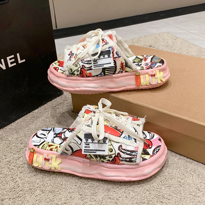 Fashion Design Summer Women Slippers Platform Shoes Graffiti Mules Flip Flops Street Sandals Clogs Flat Casual Shoes For Female