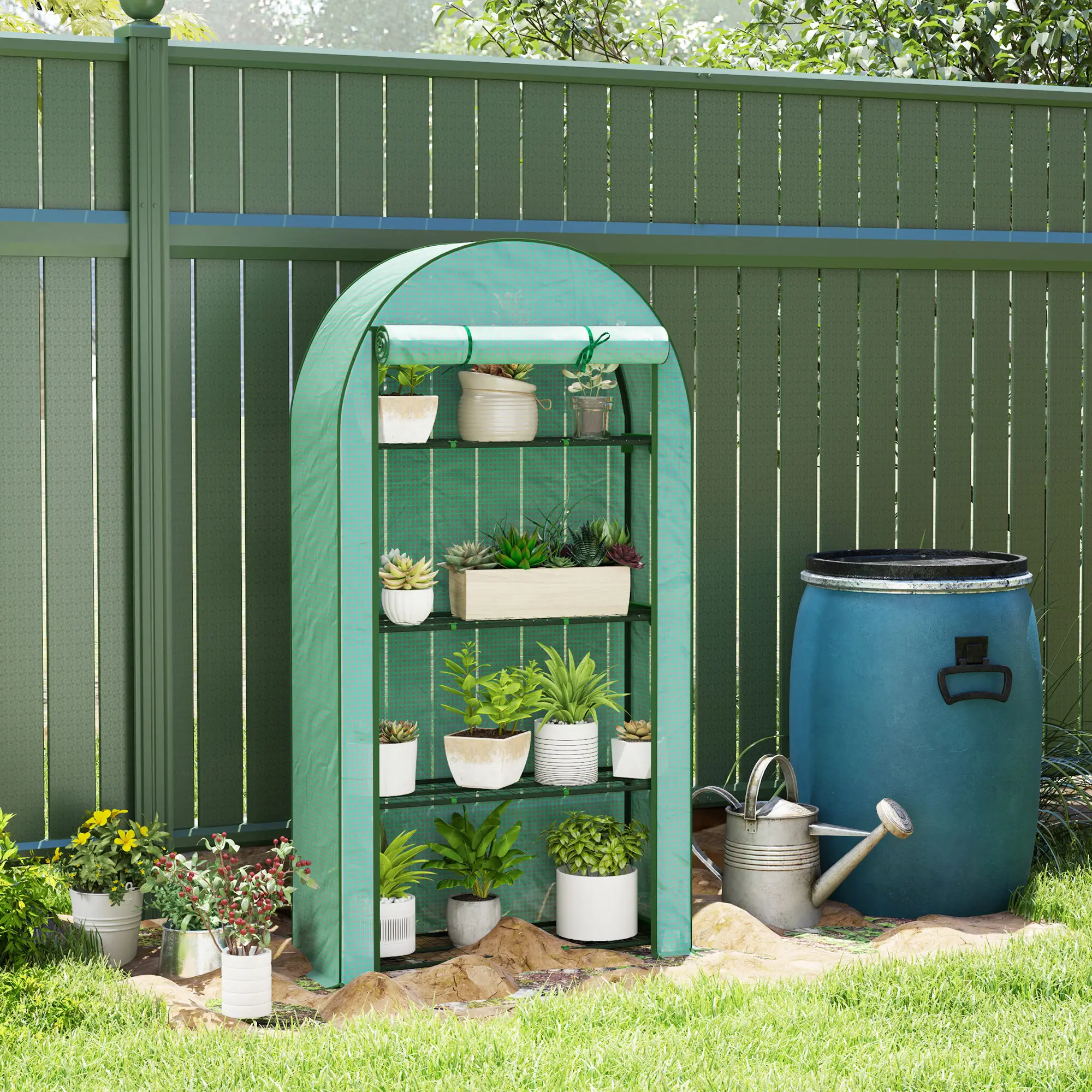 4 Tier Mini Greenhouse, Portable Greenhouse with Roll-Up Door, Green