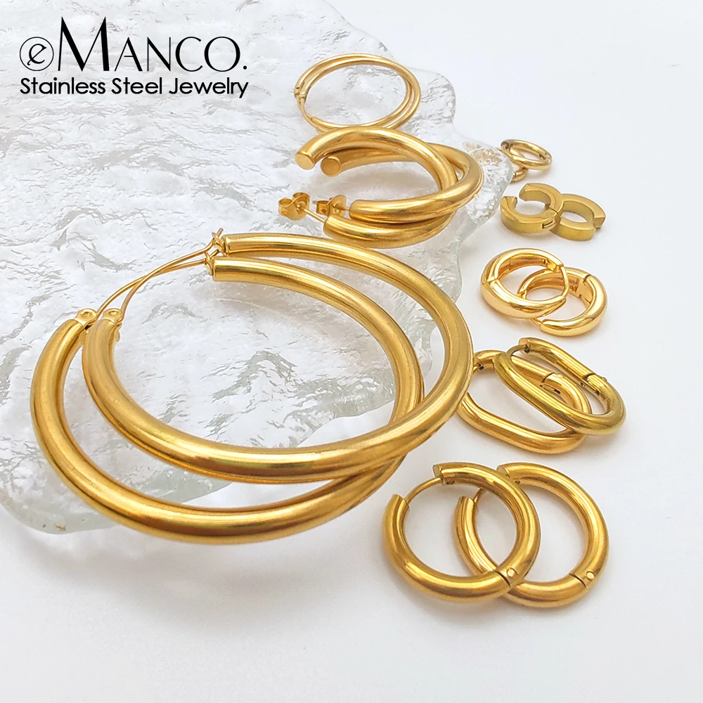 E-manco-hebilla de oreja clásica de acero inoxidable para mujer, pendientes de aro de círculo pequeño y grande, accesorios de joyería, Color dorado,