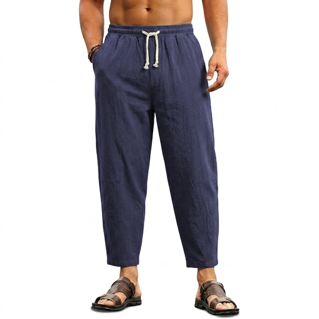 Summer Men's Linen Trousers Solid Color Casual Pants for Men Sport Breathable Baggy Pant Beach Lightweight Cotton Work Pants