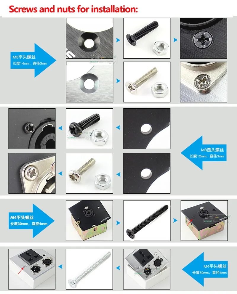 M4 M3 Length12 14 30mm  Round /Flat Head Screw Installation Audio Video 86 Cabinet Panel D Type Module Socket