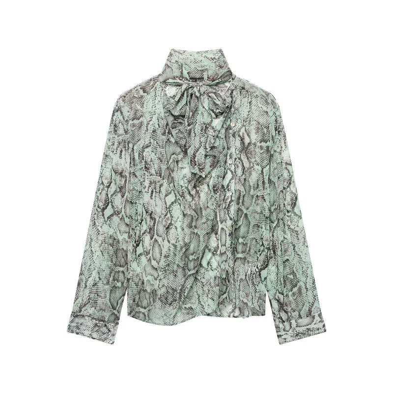 2026 Autumn Women Blouse Long‑Sleeve Animal Printing Button Shirt Bow Decor Elegant Daily Commute Fashion Shirts For Women