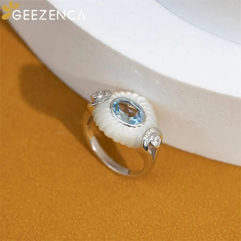 GEEZENCA Natural Topaz S925 Silver White Mother of Pearl Zircon Ring For Women Blue Stone Oval Luxury Chic Rings 2024 New Gift
