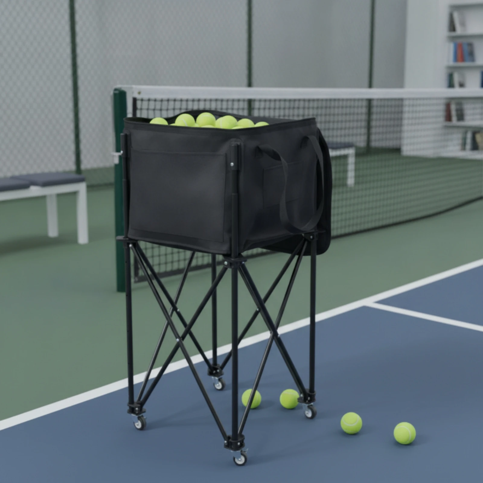 Foldable Tennis Ball Cart Caster Wheels Tennis Ball Cart Mesh Pocket Metal Frame for Training Sessions image 6